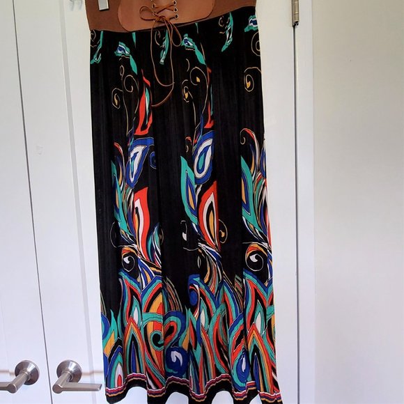 Women's Long Graphic Design Skirt w/Elastic Waistband - Black/Multi - Size 10 - Picture 3 of 5